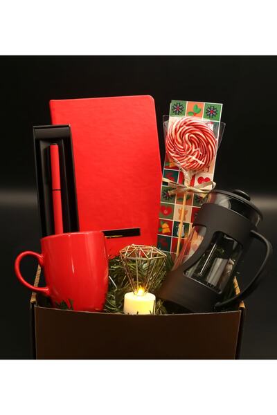 Bonitagift Kırmızı Defter&mat Kırmızı Kalem&kırmızı Kupa&french Press&mini La...