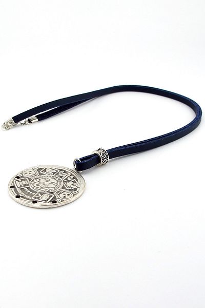 Solfera Aztec Sun Metal Medallion Navy Leather Men's Necklace Q0450