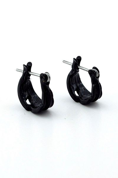 Solfera Black Leaf Patterned Steel Unisex Men's Hoop Earrings E965