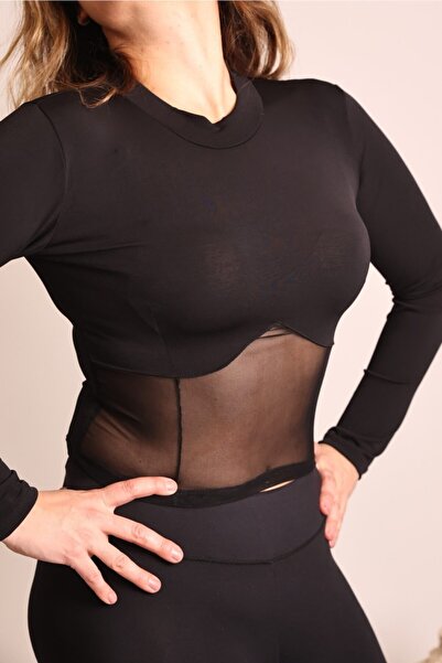 Siyah Likralı Crop Bluz