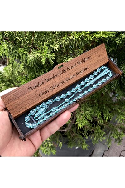 KANUNİ TESBİH مسبحة صلاة مزينة بشراشيب بنظام أخضر مائي مع صندوق خشبي مقطوع على شكل الشعير