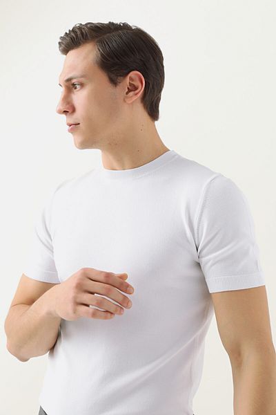 Twn Slim Fit Λευκό Απλό Πλεκτό Ραγιόν Πλεκτό T-shirt
