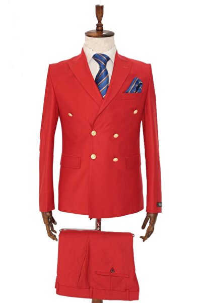 Dewsa Plus Sivri Yaka Metal Düğmeli Çift Yırtmaç Slimfit Düz Kırmızı Kruvaze Takım Elbise