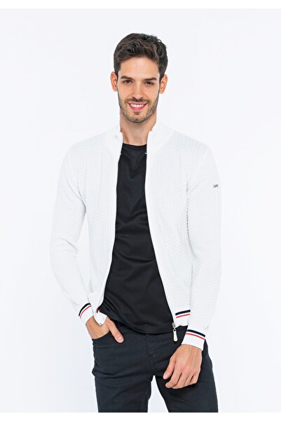 Felix Hardy Erkek, %100 Pamuk, Ekru, Slim Fit, Dik Yaka, Fermuarlı, Dokulu Hırka