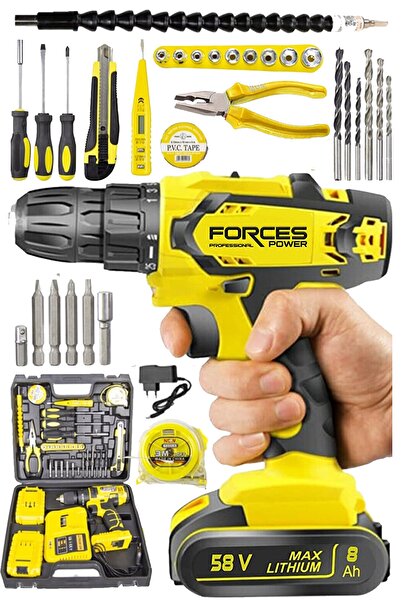 forces power Germany Stark 58 V 8 Ah Tam Bakır Sargı Metal Şanzıman Çift Akülü Vidalama Matkap Seti 85 Parça