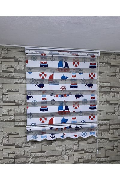 PERDECİNİZ Blue Lighthouse Printed Zebra Curtain (with Skirt)