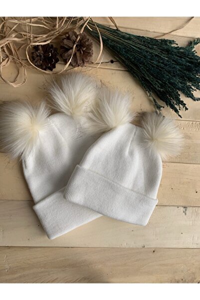 MARSEL BUTİK إكرو أبيض مزدوج بوم بوم قبعة تريكو الأم الطفل قبعة