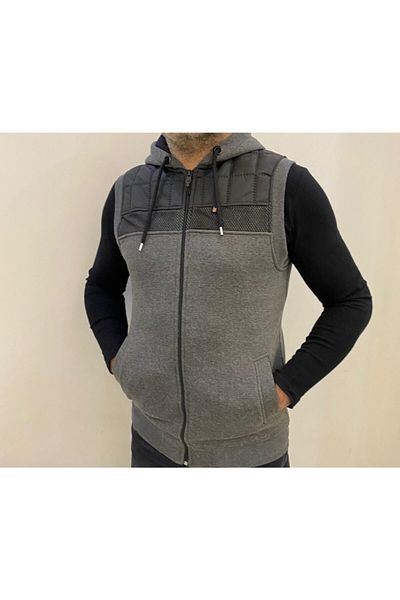 BENESSE Gray Three Thread Zippered Hooded Men's Vest