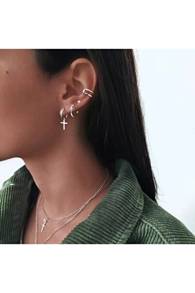 TakıConcept 2 Adet Gümüş Renk Haç Sallantılı Halka Küpe
