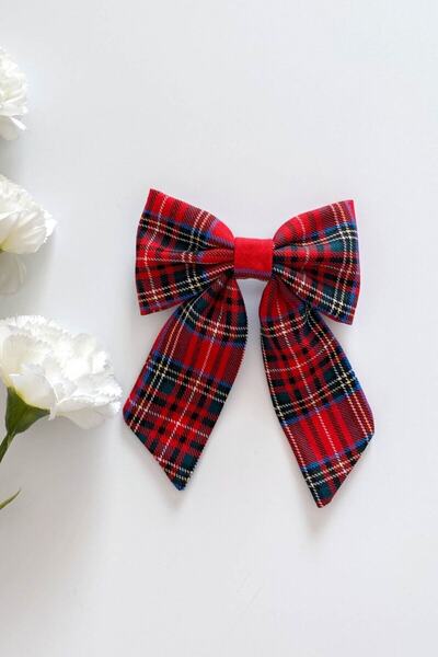 Genel Markalar Ekose Desenli Fiyonk Saç Tokası Kırmızı Çocuk Ve Yetişkine Uygun