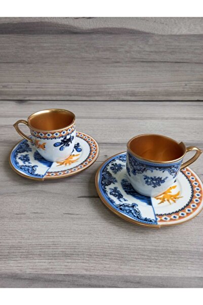 EMİRA HOME Hybrıd-1 - 6 Kişilik Çift Desenli Içi Gold Kahve Fincanı Seti