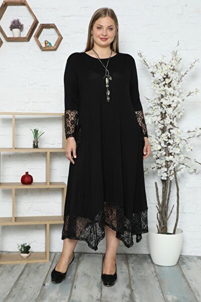 Big Love Büyük Beden Rahat Kesim Dantel Detaylı Penye Viskon Elbise