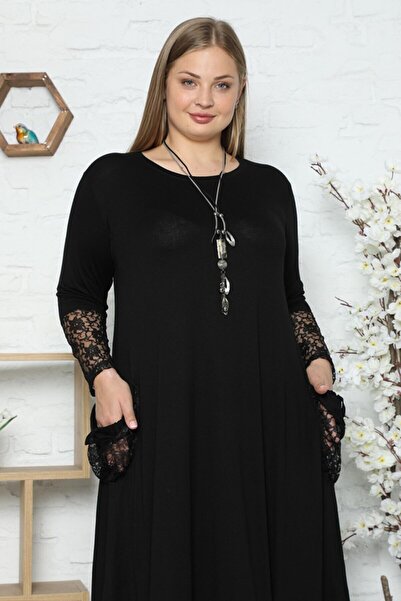 Big Love Büyük Beden Rahat Kesim Dantel Detaylı Penye Viskon Elbise