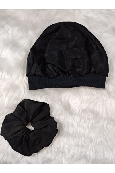 elvin aksesuar Μαύρο σατέν επάνω και κάτω από τον εξωτερικό όψη, γυαλιστερό σετ καπέλων και σατέν κλιπ μαλλιών