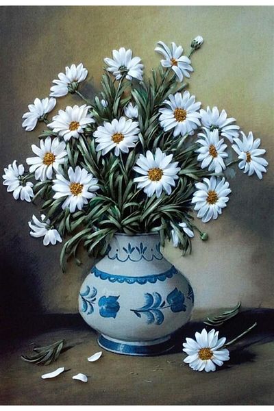 MARCEL SANAT Daisies in Blue and White Vase Marcel Art Diamond Mosaic Painting 41x56cm