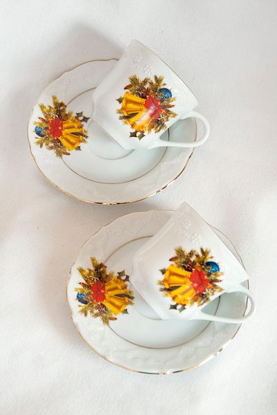 Bursa Porselen Dekor New Year Series Gold Gilded Christmas Bell Set of Two Tea Cups
