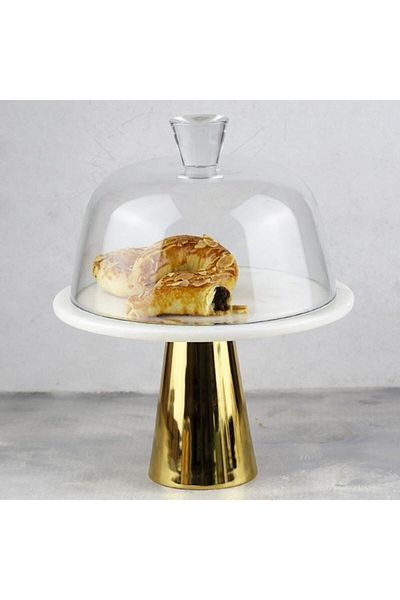 Akayev Marble 25 Cm Gold Conical Foot White Glass Bell Jar