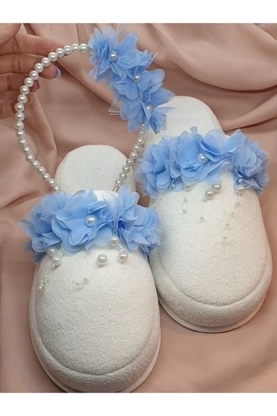 Melkady Aksesuar Women's Blue Melkady Floral Maternity Slippers and Pearl Crown Set of 2 233lma