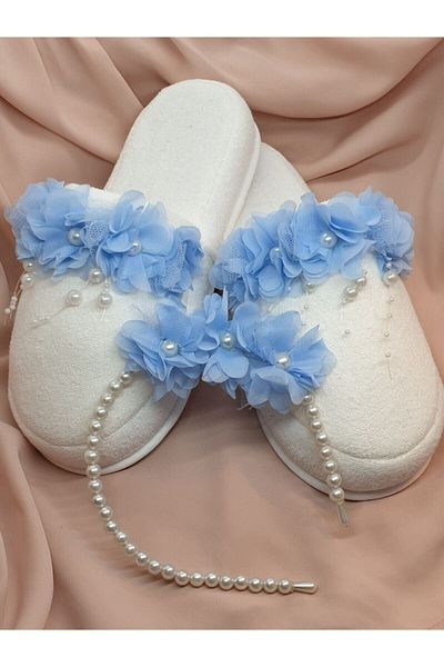 Melkady Aksesuar Women's Blue Melkady Floral Maternity Slippers and Pearl Crown Set of 2 233lma