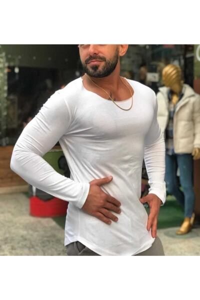 THE ONE Tricou alb pentru bărbați, cu guler larg, cu mânecă lungă, slimfit