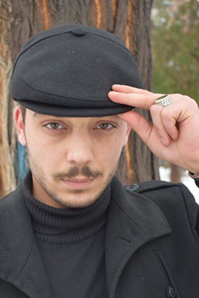 Göksu Şapka Șapcă clasică cu nasturi Șapcă neagră ștampilă Pălărie din stofă de iarnă