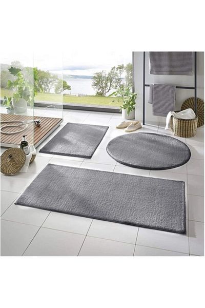 SARAR HALI Nurbal Halı Post Plush Bath Mat Set 3-Piece Non-Slip Base Light Gray