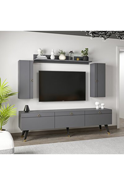Andora Modern Tv Ünitesi Kitaplıklı Dolaplı Tv Sehpası Antrasit