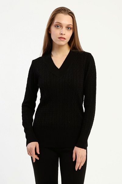 1Moda1Tarz Women's Black V-Neck Hair Knitted Pattern Knitwear Bottom-top Suit Top Sweater Bottom Side Pocket Trousers Detailed Combination