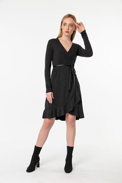 Laranor Antracit cu două rânduri de nasturi croială Rochie din tricot cu centură din piele cu volan de tranziție Eleganță zi și noapte 21L7141