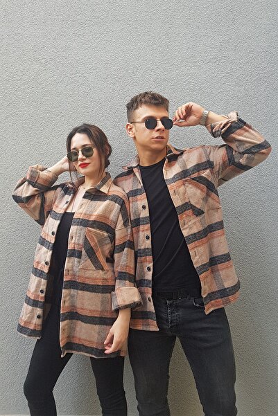PUMP BUTİK Unisex Turuncu Krem Oversize Tek Cepli Ekoseli Kalın Oduncu Gömlek