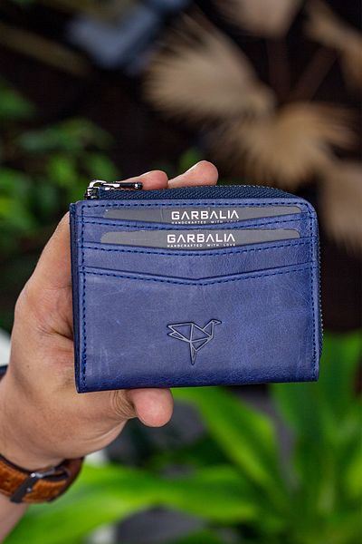 Garbalia Figo Genuine Leather Crazy Navy Blue Zippered Mini Card Holder Wallet