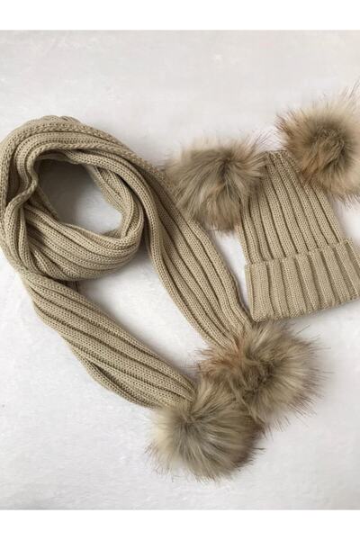 BERİTBUTİK Set de tricotaje unisex de culoare bej, eșarfă cu pompon