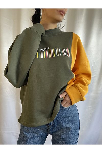 TWİN COLLECTION KHaki Sweat - Yellow Detailed and Patterned, Stand Collar and Padded