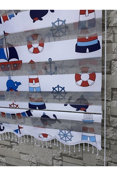 PERDECİNİZ Lighthouse Printed Blue Zebra Curtain Skirt - Beaded