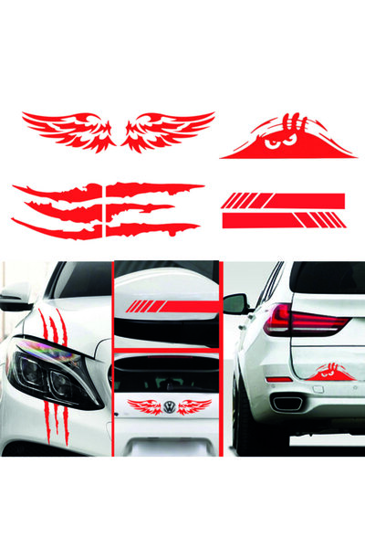 MegaSticker 4 Pack Rearview, Wing, Monster Claw, Luggage Auto Sticker Red
