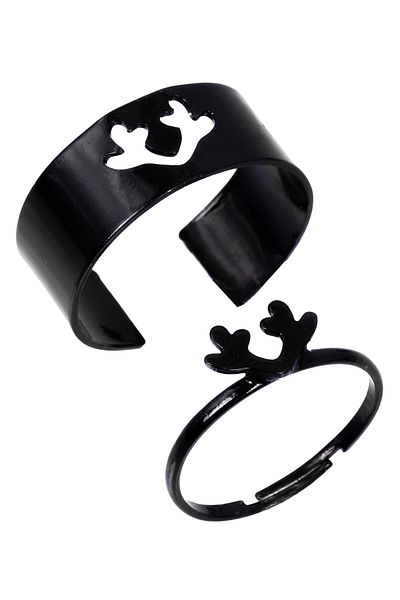 LABALABA Deer Antler Figured Black Color Plated Adjustable Pair of 2 Rings