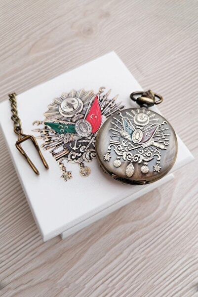 denacci Osmanlı Arma Kabartma Kapaklı Vintage Köstekli Cep Saati Osmanlı Arma...