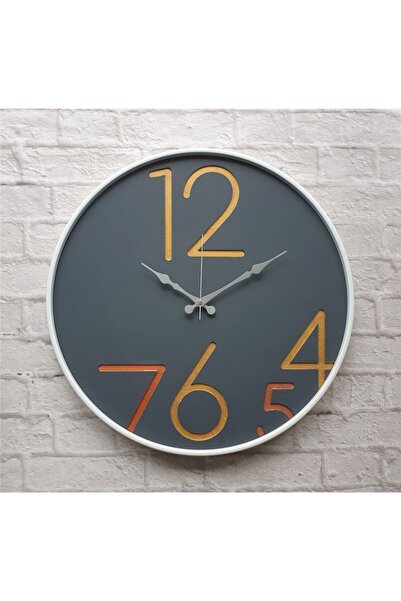 Markakanvas Antrasit Renk Üstüne Bakır Rakam Renkli Yuvarlak Duvar Saati Çap 50 Cm