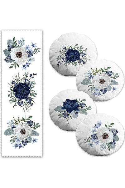 Realhomes Trandafir albastru și alb cu design special, 4 perne rotunde, 1 set...