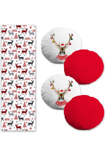 Realhomes Geyik Desenli Yılbaşı Temalı 4 Yuvarlak Kırlent Kılıfı Ve 1 Runner ...
