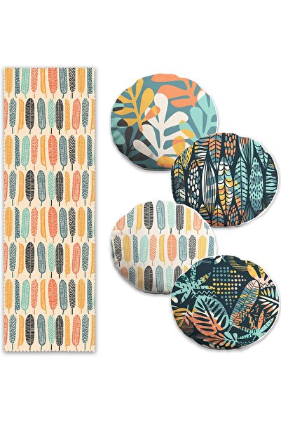 Realhomes Troplik Colorful Leaves Set de 4 fete de pernă rotunde și 1 alergător