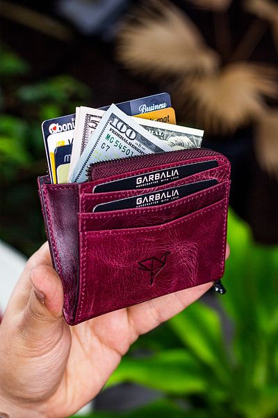 Garbalia Unisex Claret Red Zippered Mini Card Holder Wallet