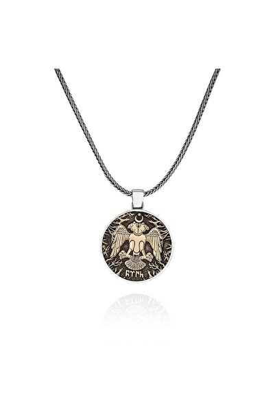 TAKI925 Göktürkçe Türk Yazılı Çift Başlı Kartal Motifli 925 Ayar Gümüş Kolye