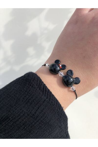 Tam Seramik Handmade Murano Glass Bracelet Black Mickey & Minnie Mouse