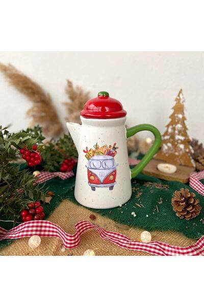 Handmadesign Kapaklı El Yapımı Seramik Sürahi - Kırmızı Karavanlı Yılbaşı Yen...