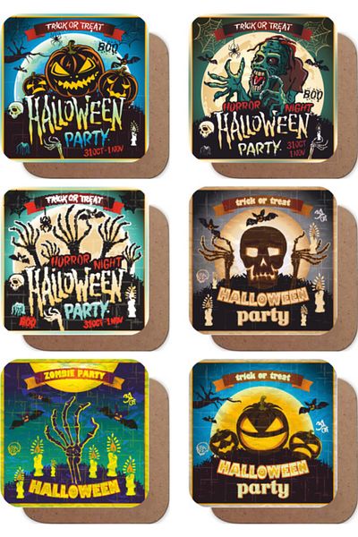 Hayat Poster Halloween Halloween Themed Set of 6 Retro Wooden Coasters
