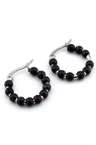 Solfera Black Beaded Large Hoop Steel Women's Earrings E943