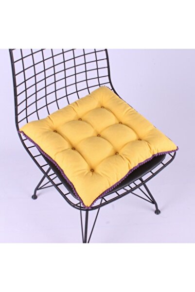 ALTINPAMUK Pera Pofidik Ponponlu Sarı Sandalye Minderi Özel 9 Dikişli Bağcıklı 42x42cm