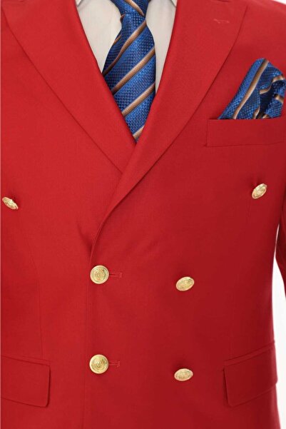 Dewsa Plus Sivri Yaka Metal Düğmeli Çift Yırtmaç Slimfit Düz Kırmızı Kruvaze Takım Elbise