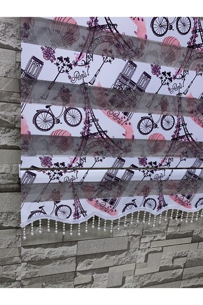 PERDECİNİZ Paris Printed Pink Zebra Curtain Skirt - Bead Detailed
